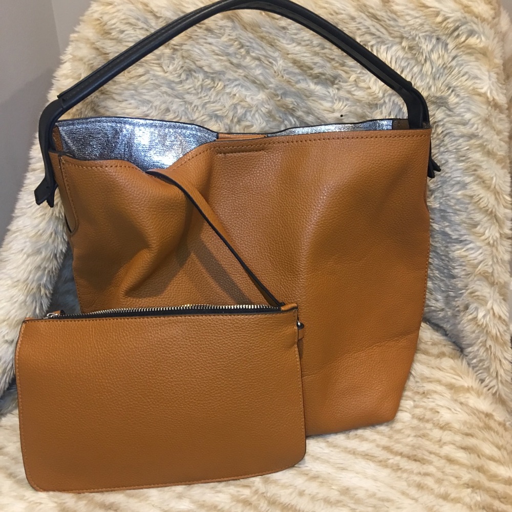 Cognac Tote Bag With Wallet silver interior EUC